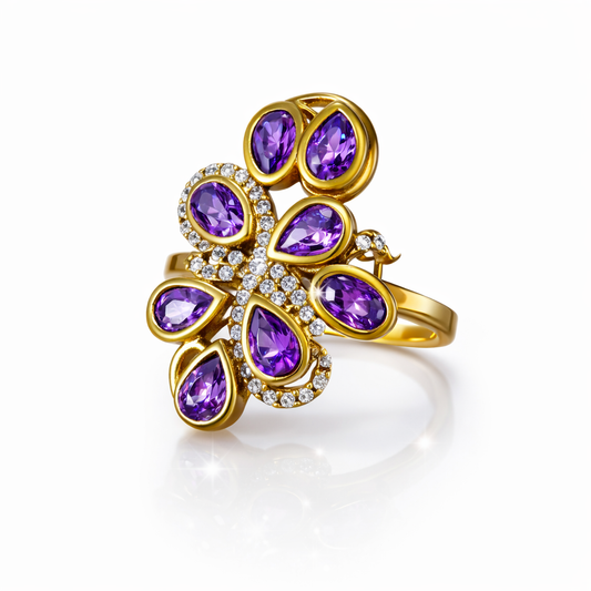 Bague Antique Royale en Argent et Bronze avec Pierres Violettes