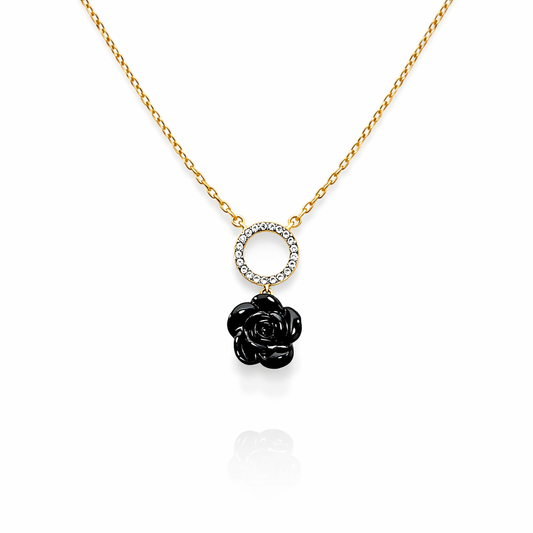 Collier Rose Noire Élégante – Plaqué Or CN et Zircons – Garantie 10 Ans
