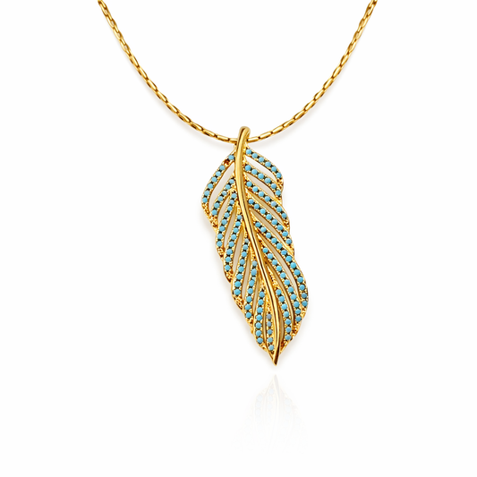 Collier Plume Turquoise Élégante – Plaqué Or CN – Garantie 10 Ans