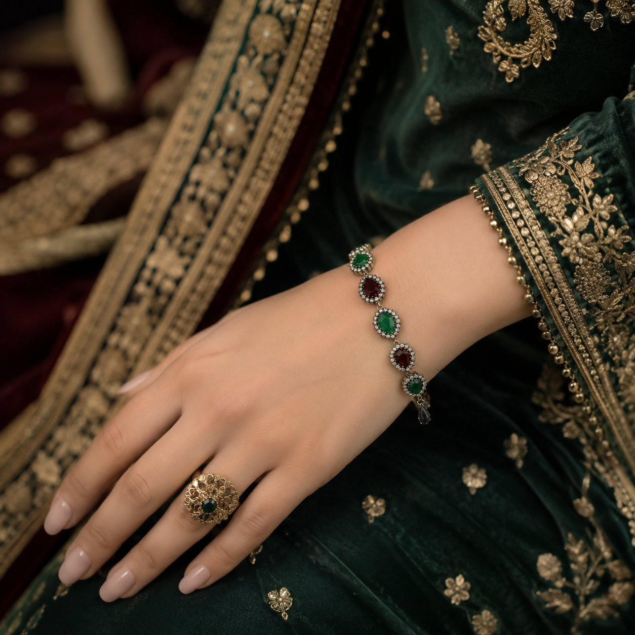 Bracelet Tradition Élégance en Vrai Bronze – Pierres Vertes et Rubis