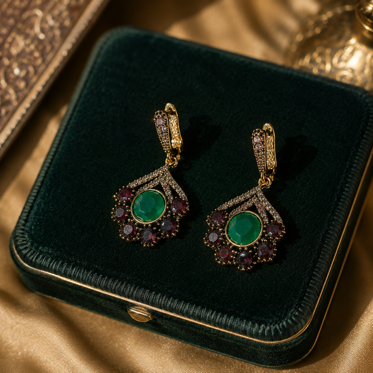 Boucles d’Oreilles Impériales en Bronze – Pierres Vertes et Rubis
