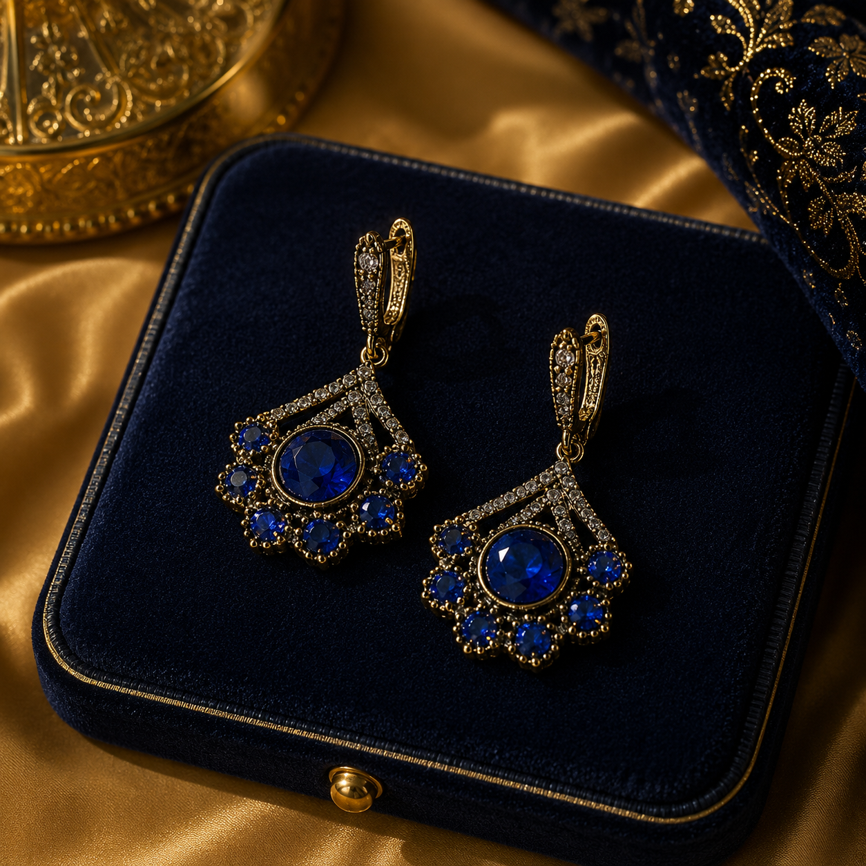 Boucles d’Oreilles Saphir Royal en Bronze – Éclat Bleu Intense