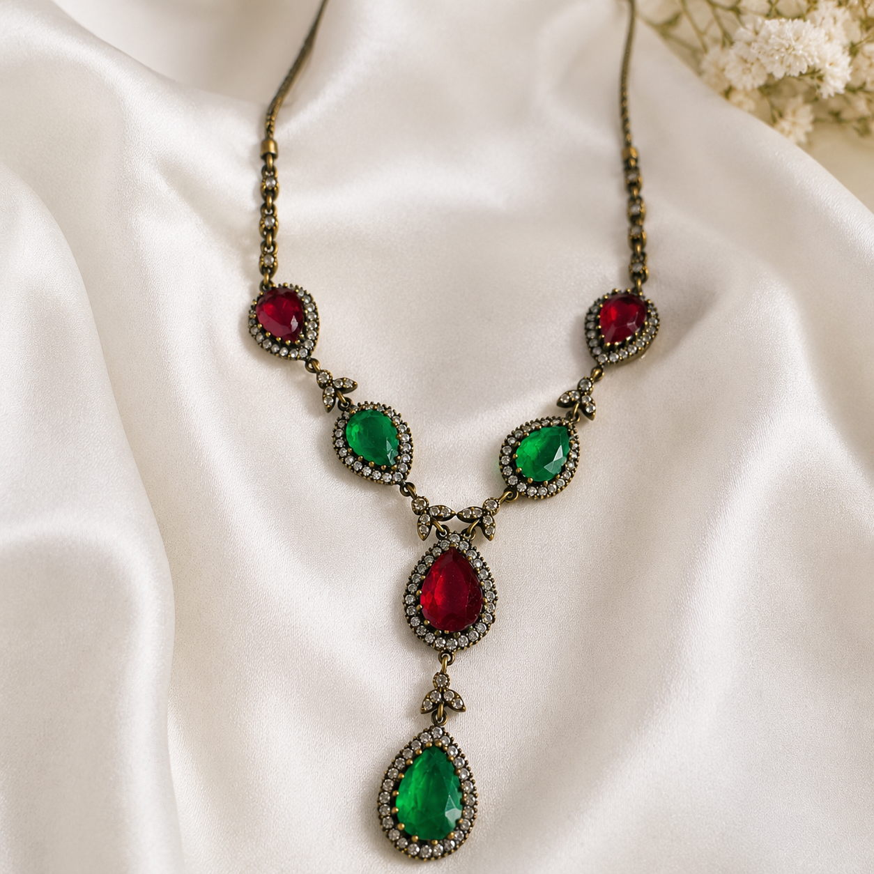 Chaîne Royale en Véritable Bronze – Pierres Rouge & Émeraude