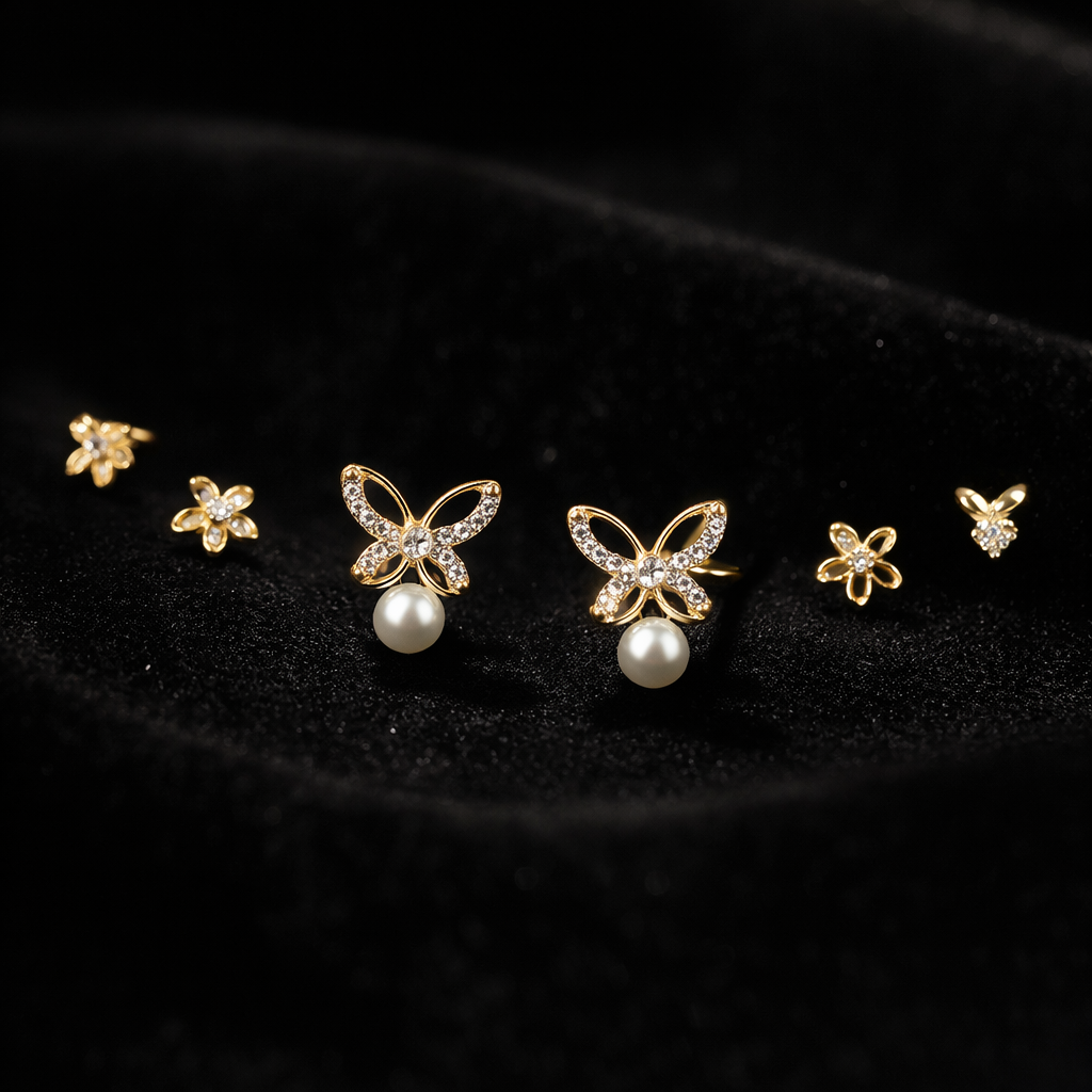 Ensemble Boucles xuping Papillon Élégance Noire – Plaqué Or & Perle