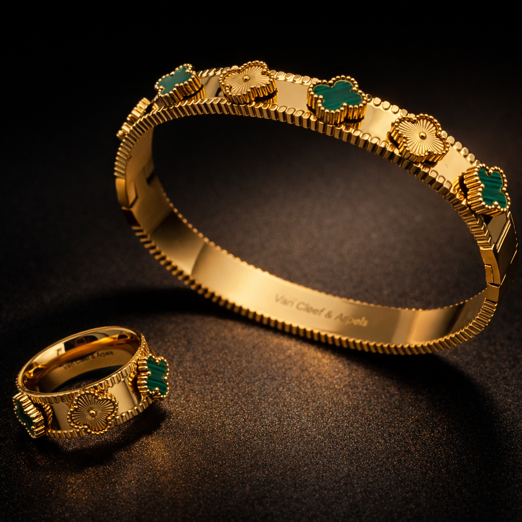 Ensemble Bracelet & Bague Trèfle Doré – Acier Inoxydable | Élégance Intemporelle