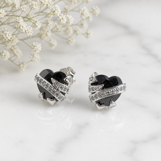 Boucles d’Oreilles Argent Cœur Noir Prestige – Zircon Élégance Luxe