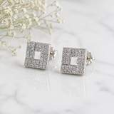 Boucles d’Oreilles Argent Carré Géométrique – Zircon Élégance Moderne