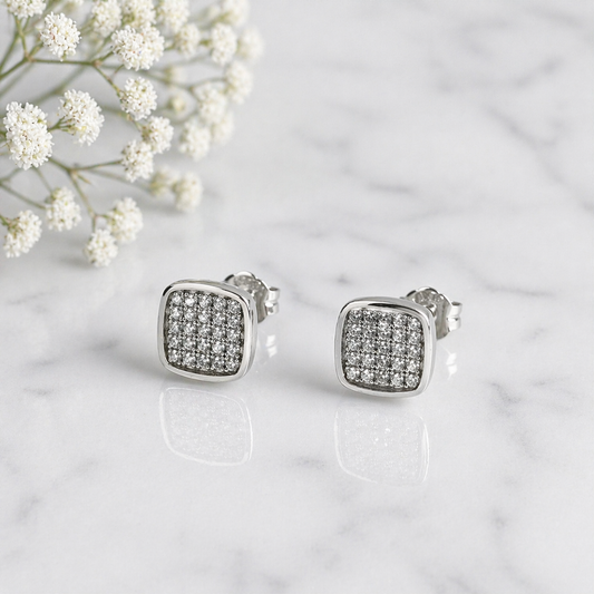 Boucles d’Oreilles Argent Carré Prestige – Pavé Zircon Luxe