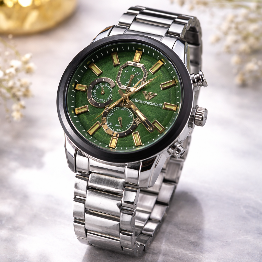 Montre Homme Chronographe Cadran Vert Émeraude – Élégance Prestige