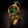 Montre Femme Émeraude Élégance – Bracelet Doré Feuilles Cristal