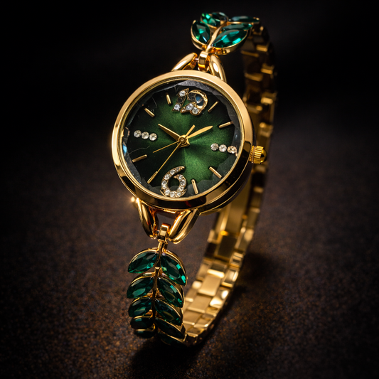 Montre Femme Émeraude Élégance – Bracelet Doré Feuilles Cristal