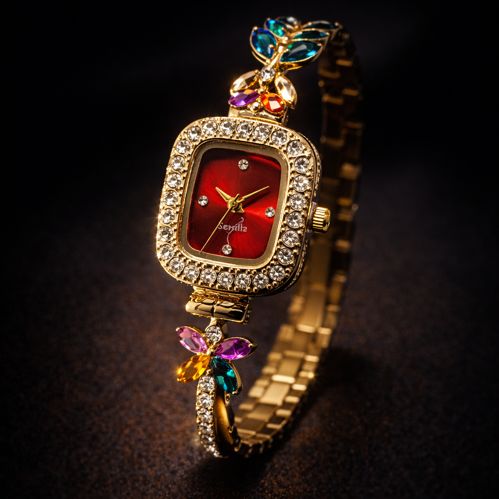 Montre Femme Bijou Cristal Multicolore – Élégance Glamour Dorée