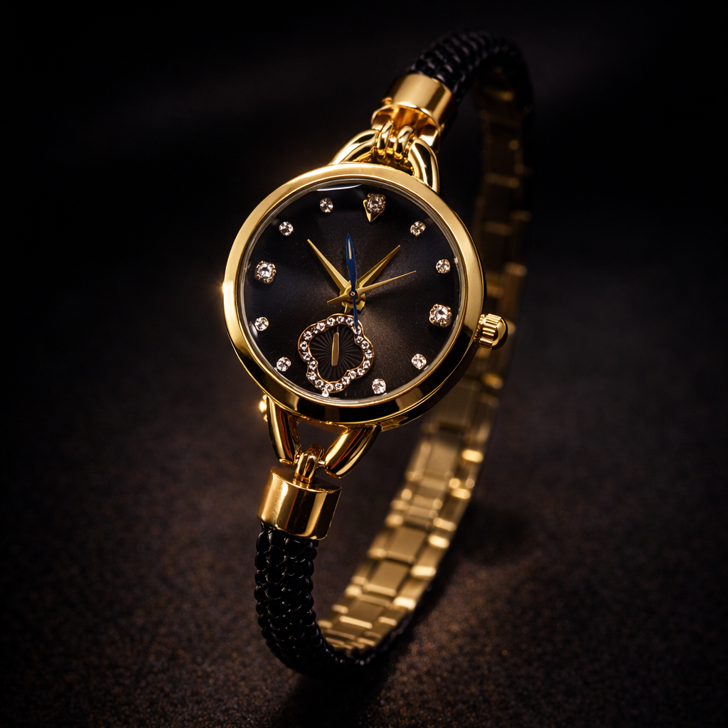 Montre Femme Élégance Noire & Dorée – Bracelet Tressé Chic
