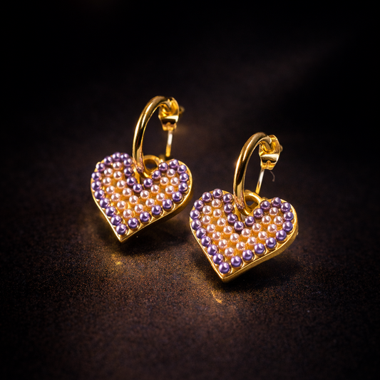 Boucles d’Oreilles Cœur Perlé Violet & Or – Élégance Romantique acier inoxydable