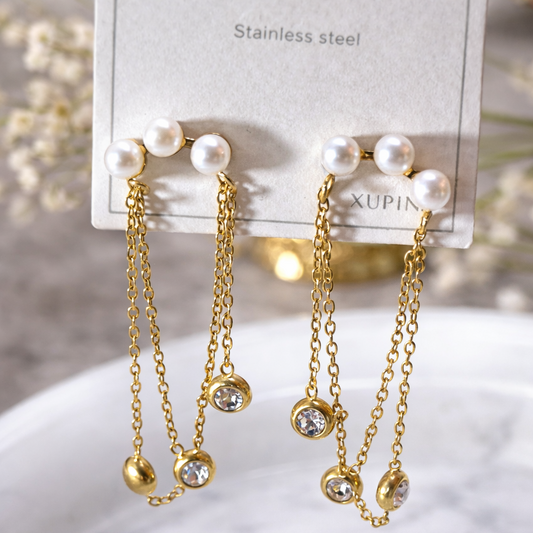 Boucles d’Oreilles Perles & Chaînes Dorées – Élégance Raffinée acier inoxydable