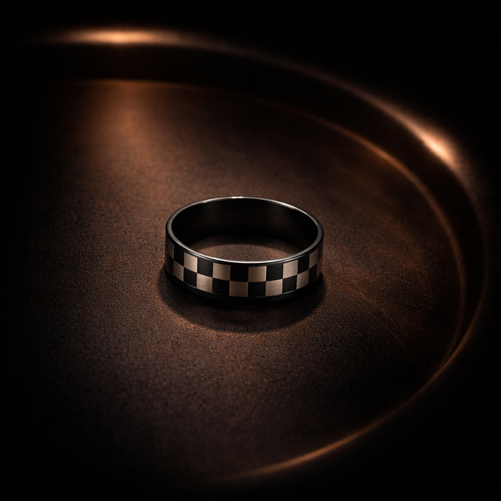 Bague Homme Noir & Acier – Design Damier Moderne