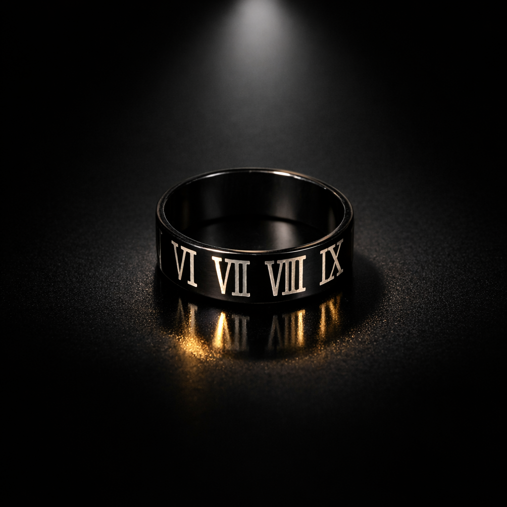 Bague Homme Noire Chiffres Romains – Style Élégance Intemporelle