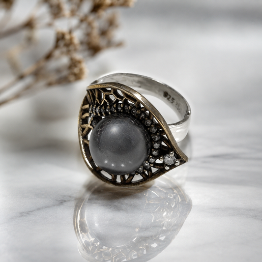 Bague Élégance Vintage en Argent & Bronze – Pierre Noire Raffinée