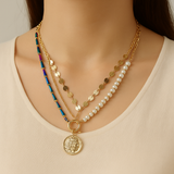 Collier Multi-Rangs Bohème Médaillon & Perles – Style Vintage Chic