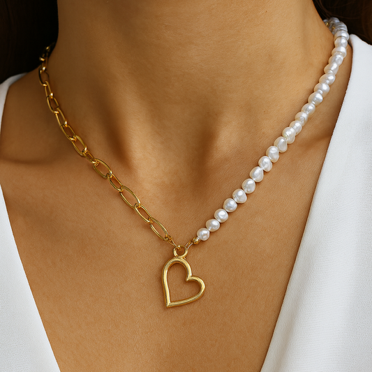 Collier Duo Perles & Chaîne Dorée avec Pendentif Cœur