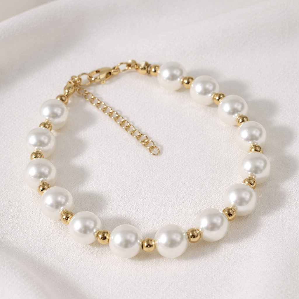Bracelet Perles Élégantes & Acier Inoxydable Doré – Style Classique Chic