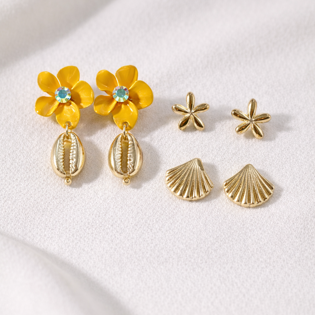 Ensemble de 3 Paires de Boucles d’Oreilles – Fleurs & Coquillages Dorés – Style Tropical Chic