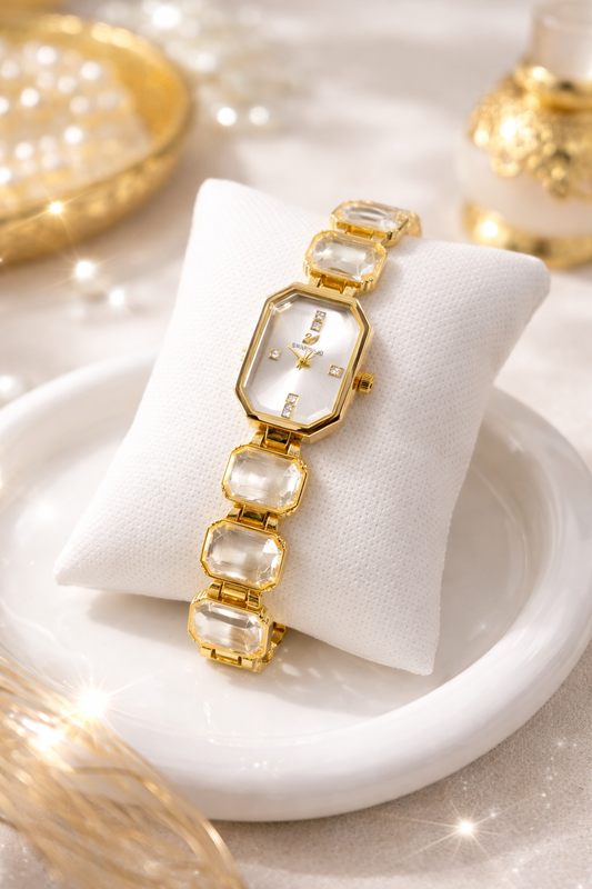 Montre Femme Bijou Dorée à Pierres Élégantes – Cadran Octogonal Chic