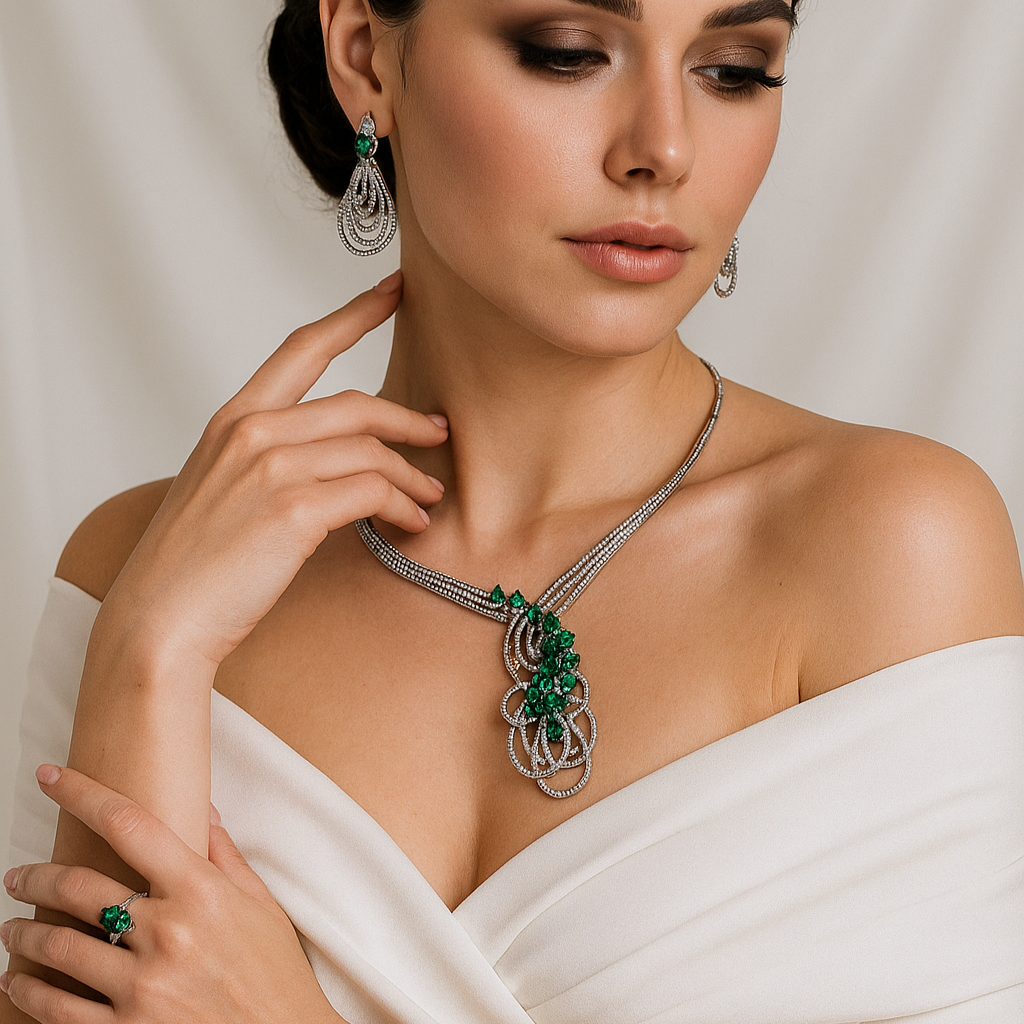 Parure en Argent Rhodié avec Zircons Verts