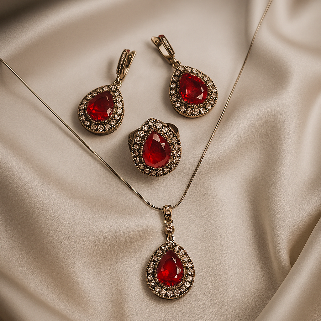 Parure en bronze et argent – Élégance royale aux pierres rouges