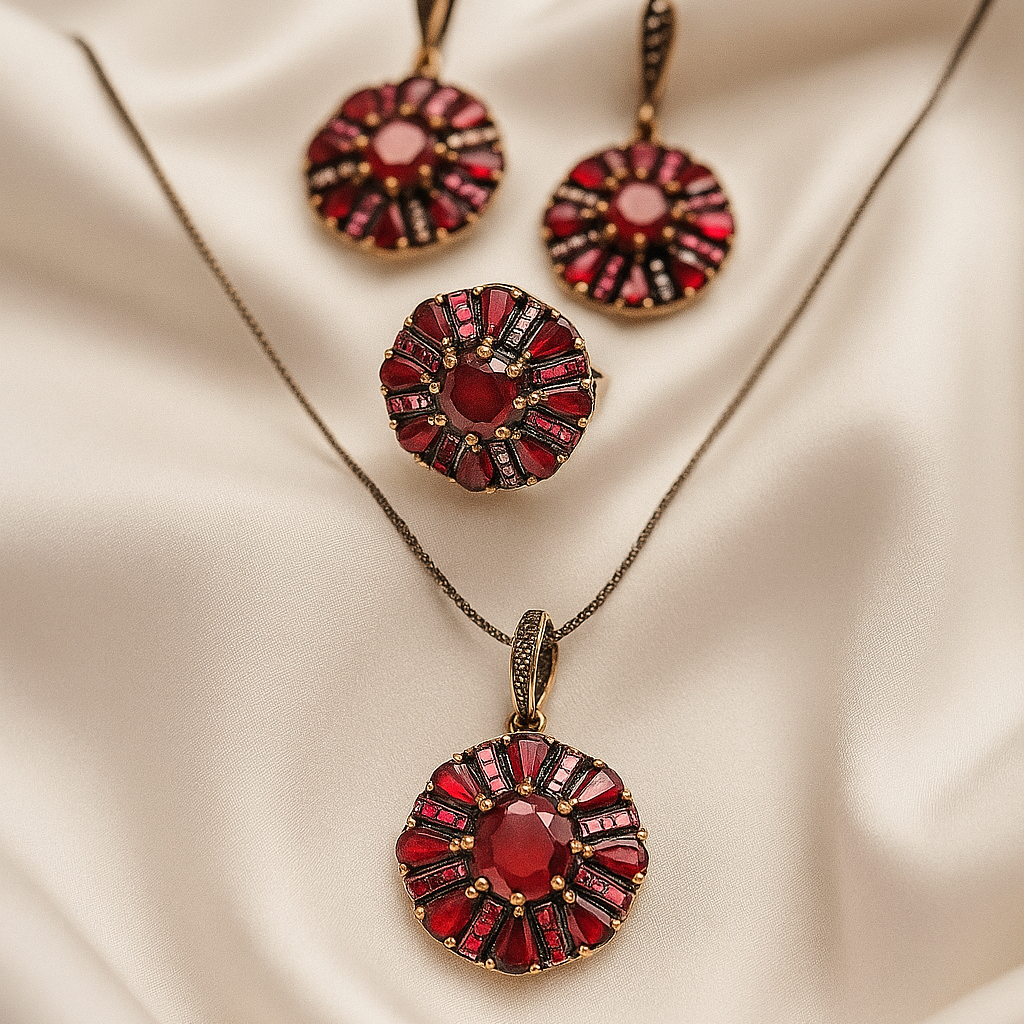 Parure en bronze et argent – Splendeur royale aux pierres rubis