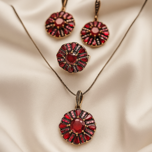 Parure en bronze et argent – Splendeur royale aux pierres rubis