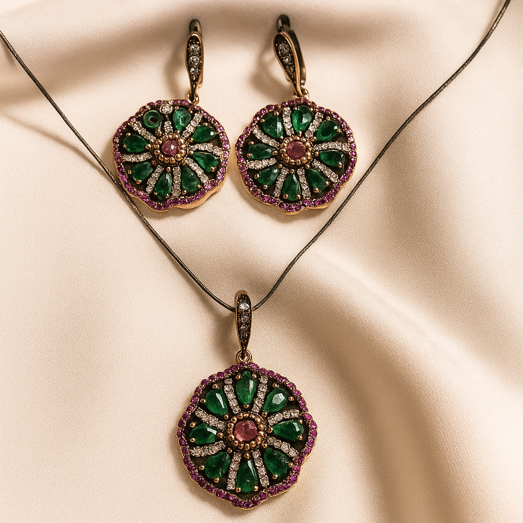 Parure en bronze et argent – Élégance florale émeraude et rubis