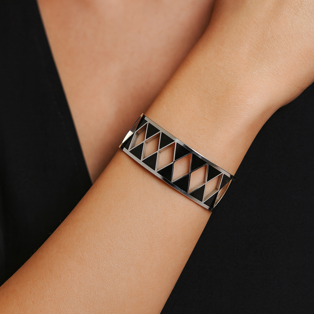 Bracelet 316 L ruthénium CN paris manchette Triangles noir et blanc géometric Acier