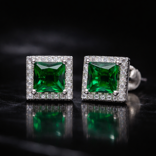 Boucles d’Oreilles Carrées Émeraude Argent 925– Zircon Brillant | Élégance Luxe