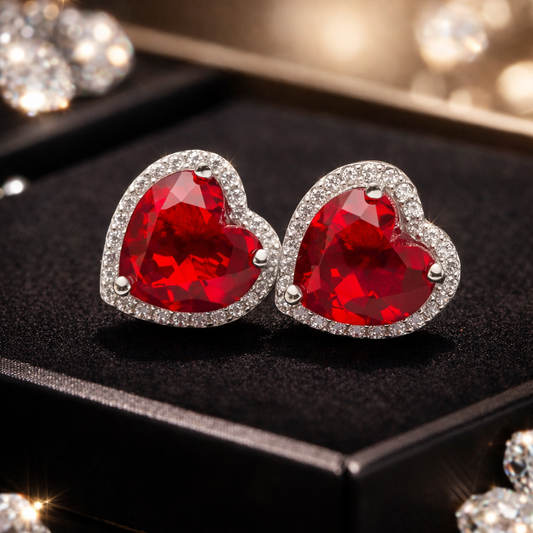 Boucles d’Oreilles Cœur Rouge en Argent – Zircons Brillants Élégance