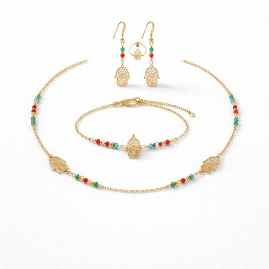 Parure Bijoux Fantaisie en Acier Doré – Collier, Bracelet, Boucles d’Oreilles & Bague – Motif Main de Fatma Multicolore