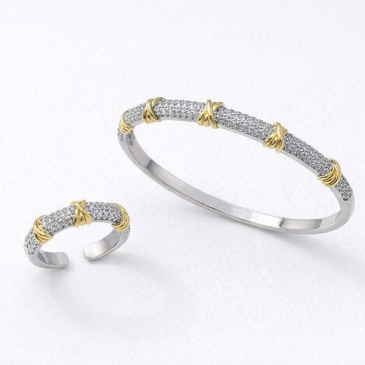 Ensemble Luxe Cristal Doré – Bracelet & Bague en Acier Inoxydable
