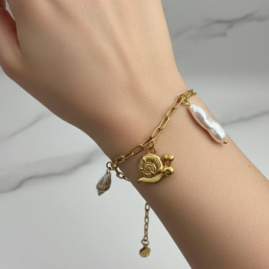 Gourmette Coquillage & Escargot Dorée – Bracelet en Acier Inoxydable