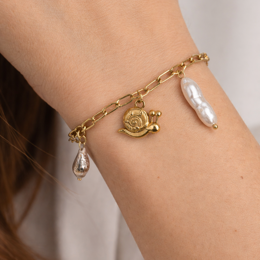 Gourmette Coquillage & Escargot Dorée – Bracelet en Acier Inoxydable