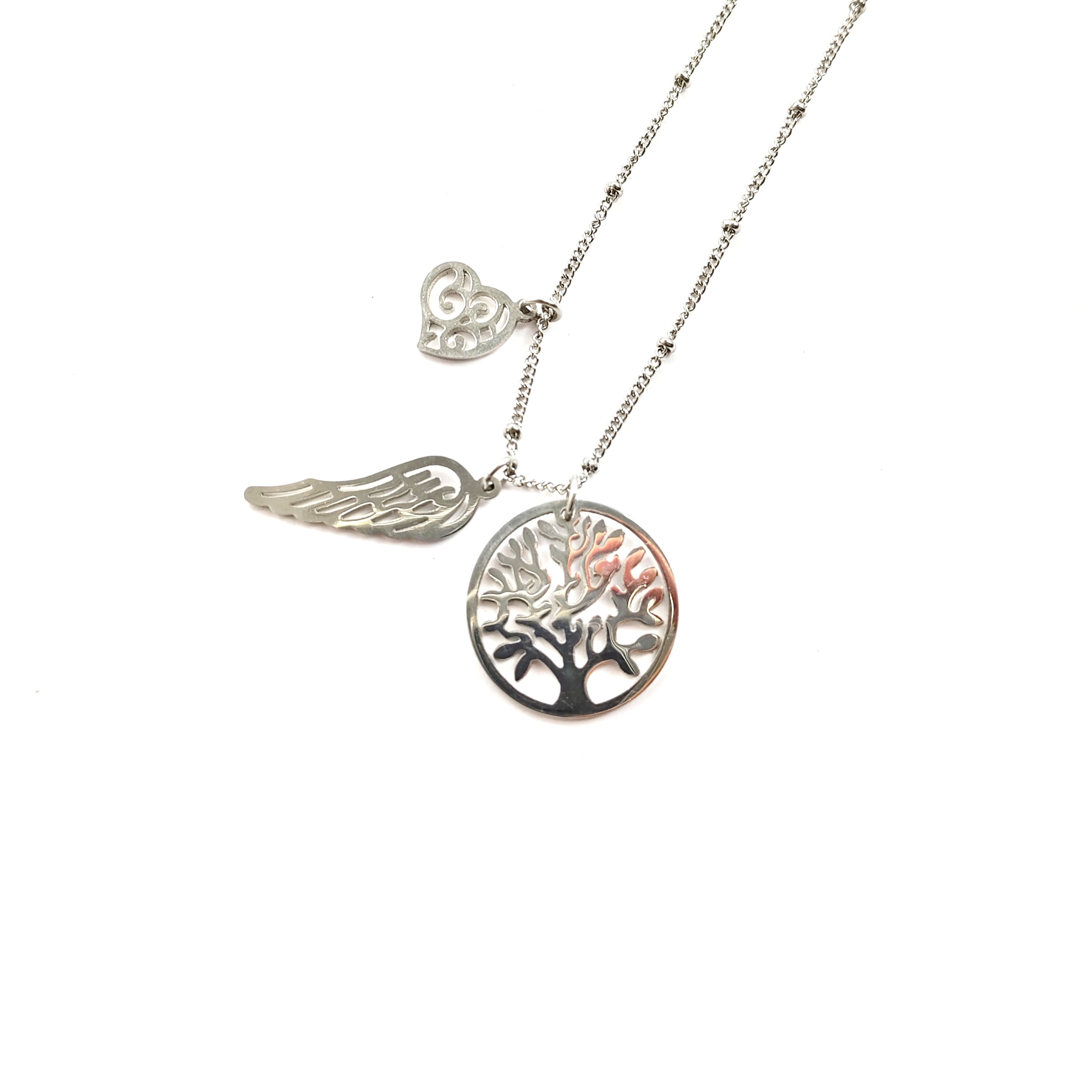 Collier en Acier Inoxydable – Arbre de Vie, Aile d’Ange & Cœur