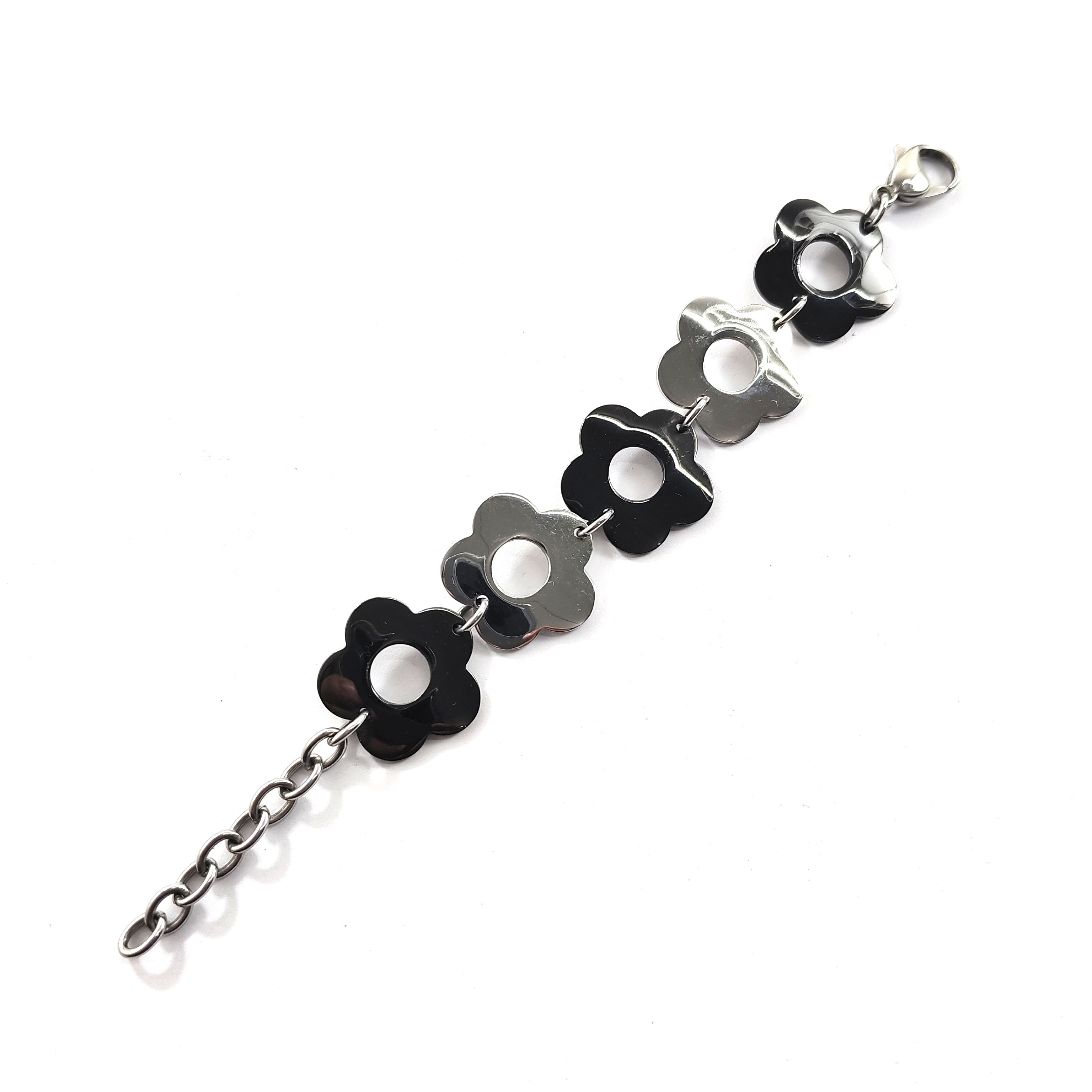 Gourmette 316 L ruthénium CN paris Fleur Bicolore en Acier Inoxydable