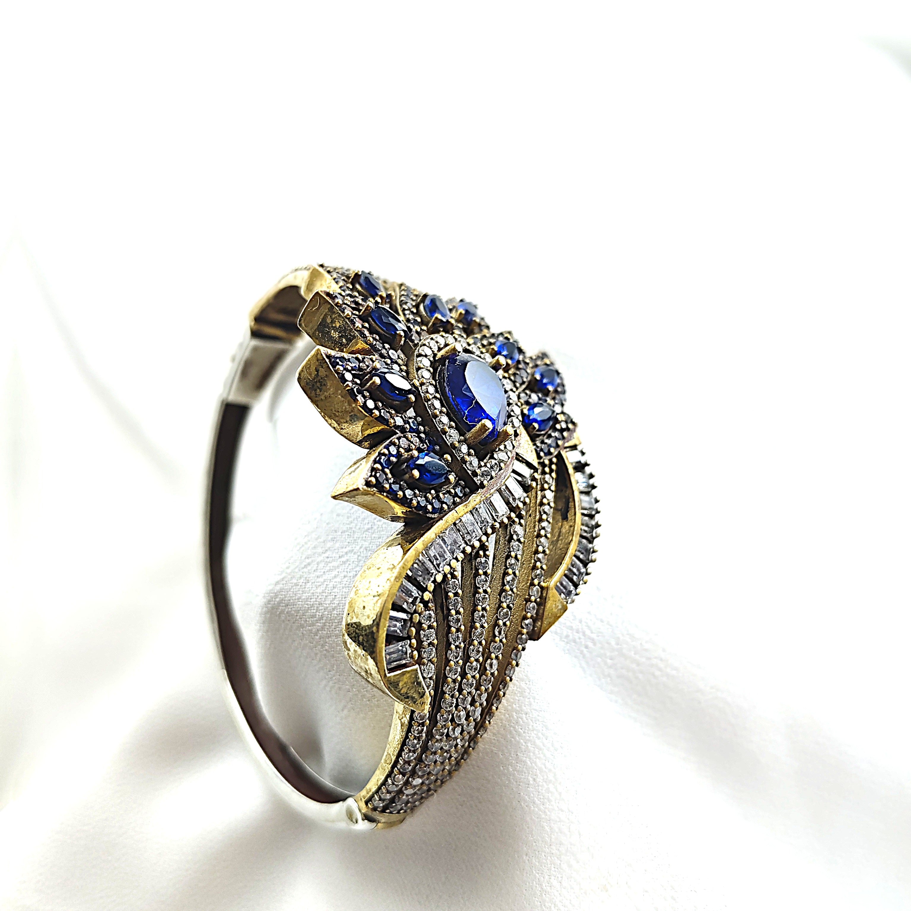 Bracelet Antique en Argent Orné de Saphirs et Zircons – Design Royal et Intemporel