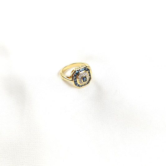 Bague octogonale pierres bleues en plaqué or – Garantie 10 ans