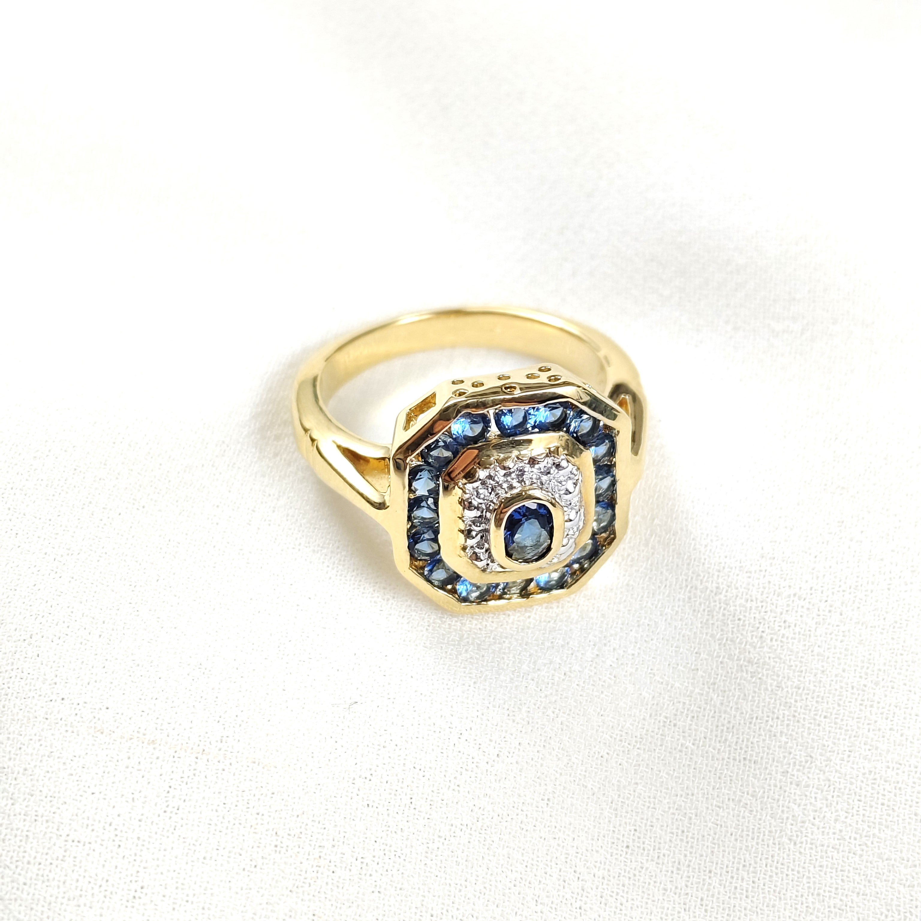 Bague octogonale pierres bleues en plaqué or – Garantie 10 ans