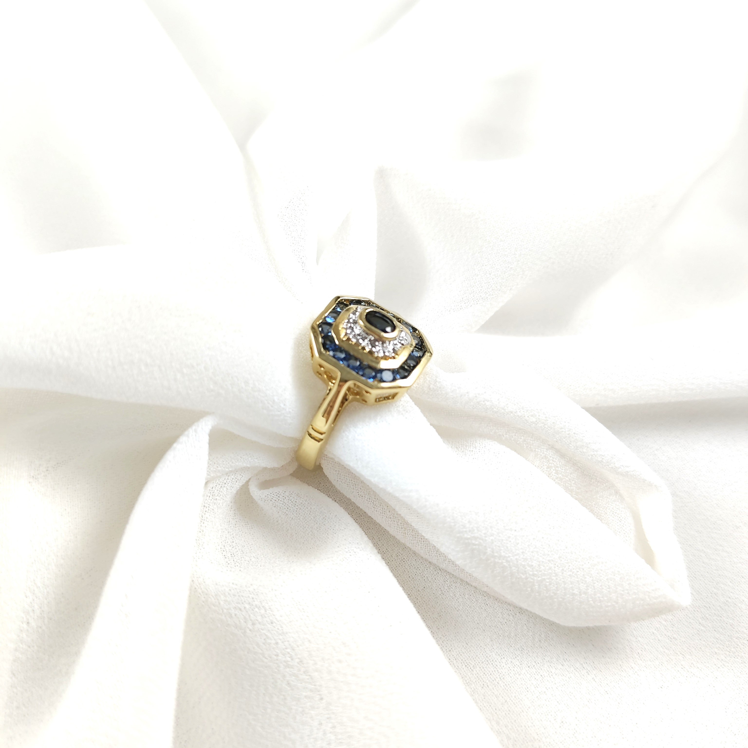 Bague octogonale pierres bleues en plaqué or – Garantie 10 ans