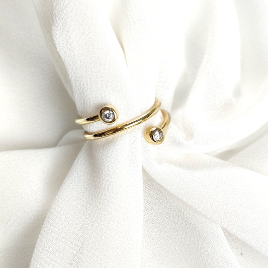 Bague ouverte double zircon en plaqué or – Garantie 10 ans