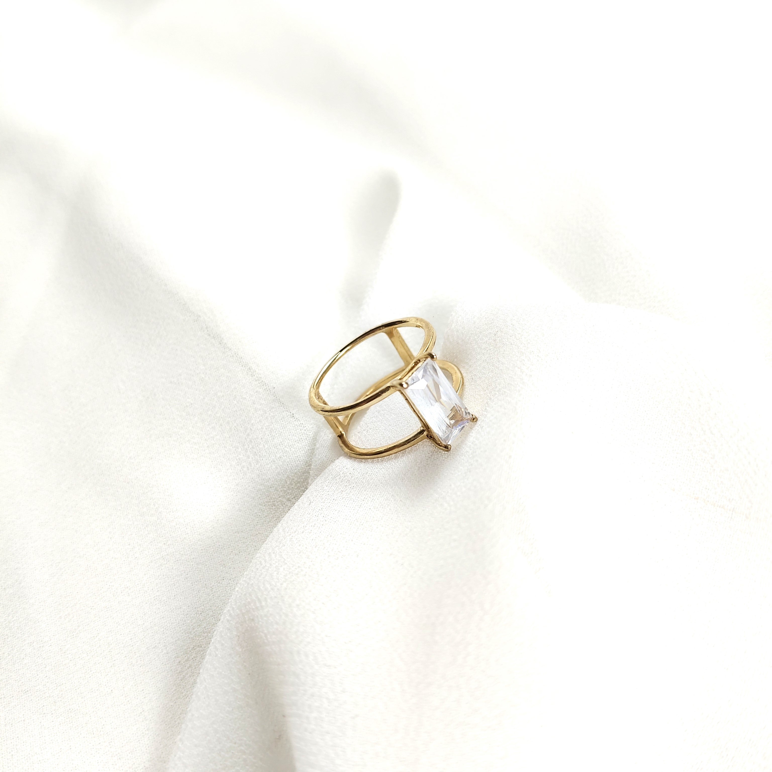 Bague double anneau pierre rectangulaire en plaqué or – Garantie 10 ans