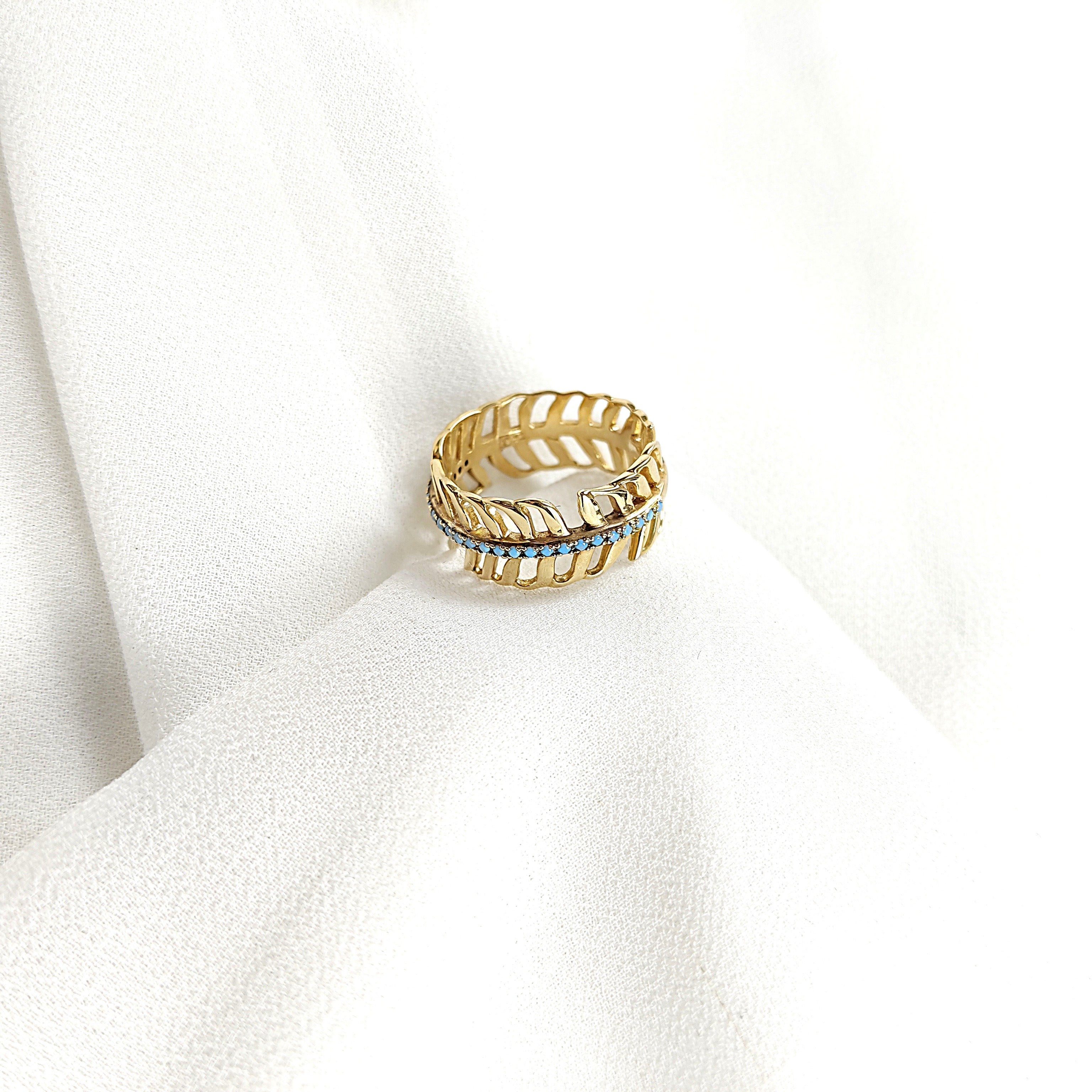 Bague feuille turquoise en plaqué or – Garantie 10 ans