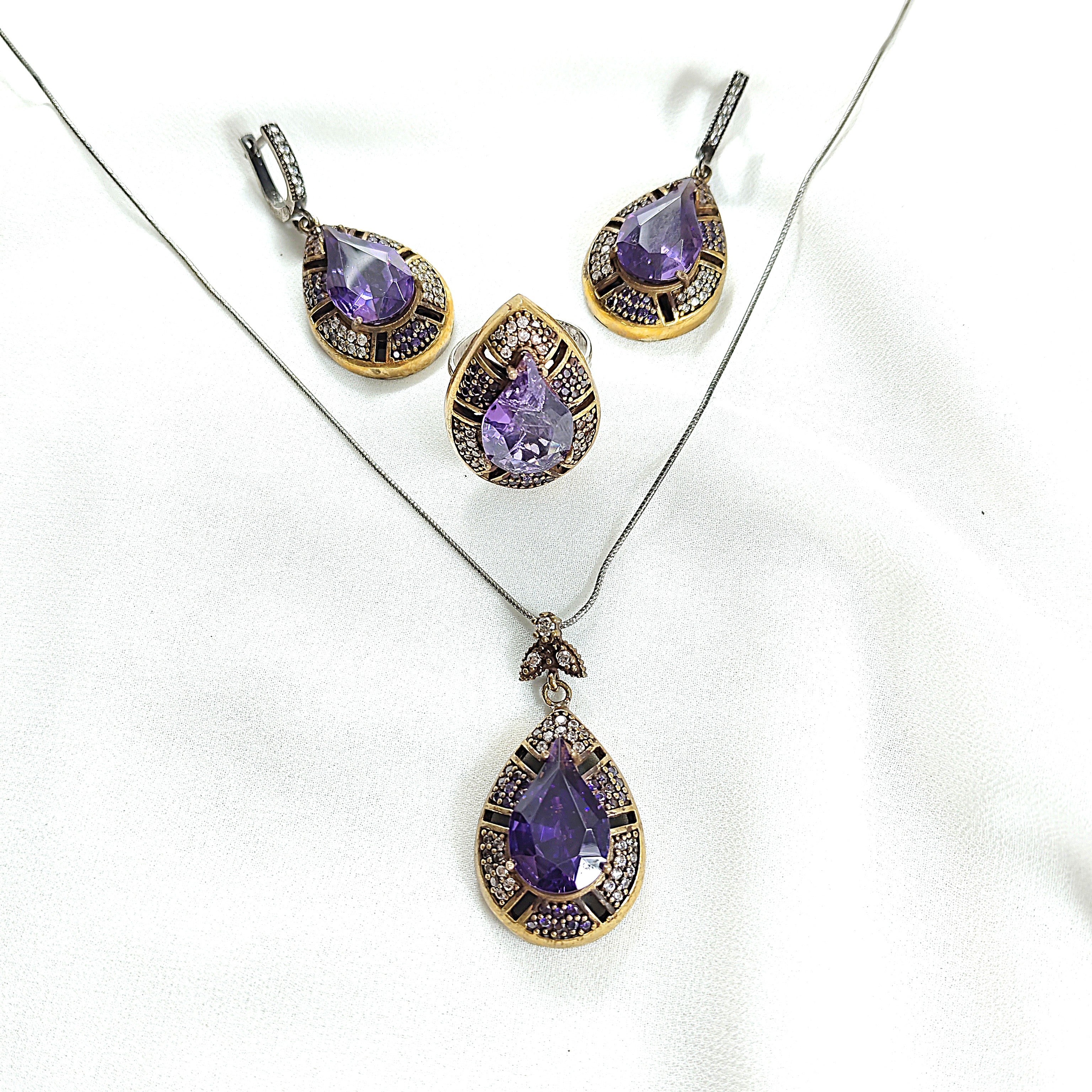 Parure en bronze et argent – Goutte royale améthyste