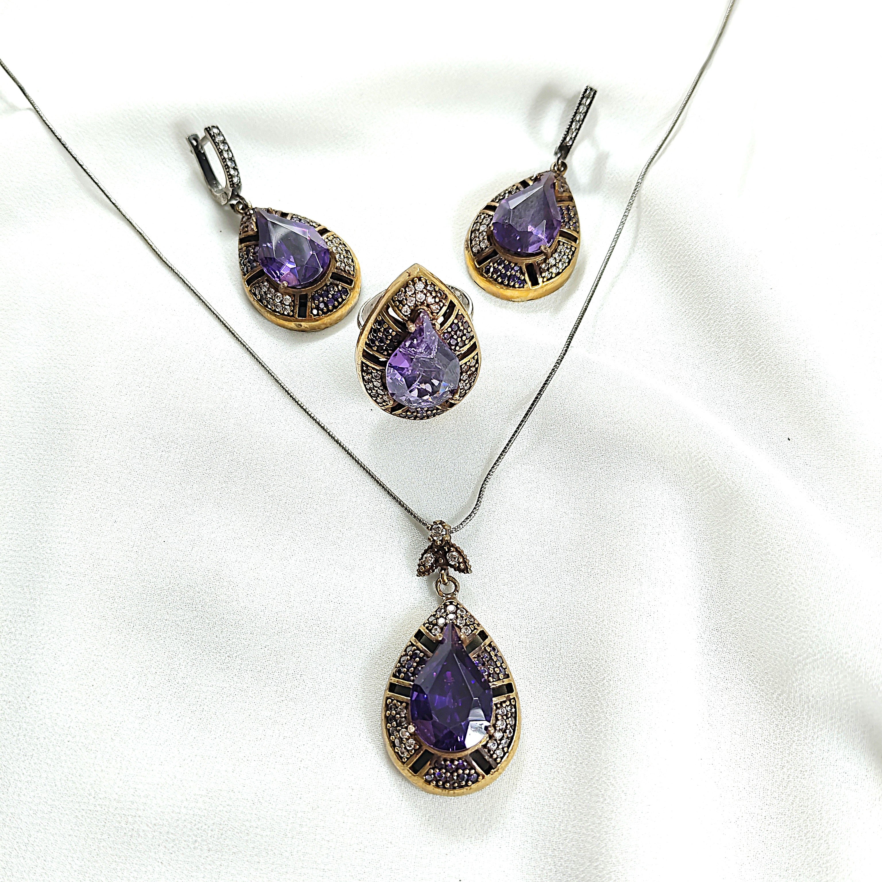 Parure en bronze et argent – Goutte royale améthyste